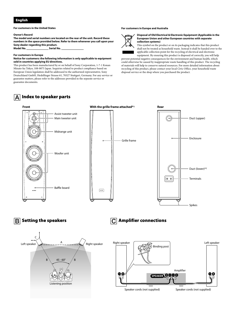 Index to speaker parts, Setting the speakers, Amplifier connections | Sony SS-NA2ES User Manual | Page 2 / 8