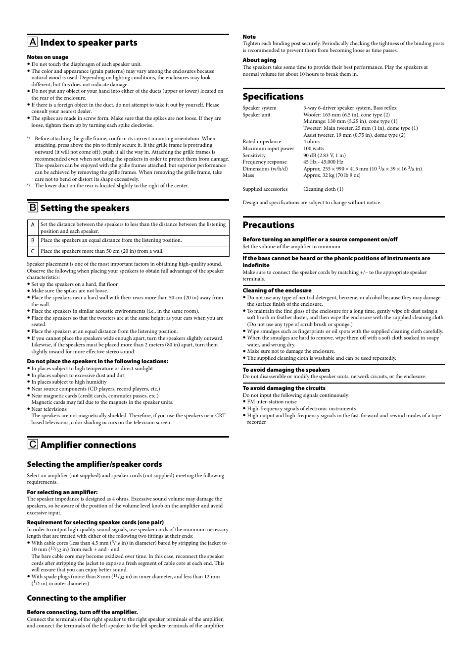 Index to speaker parts, Setting the speakers, Amplifier connections | Specifications, Precautions, Selecting the amplifier/speaker cords, Connecting to the amplifier | Sony SS-NA2ES User Manual | Page 3 / 8