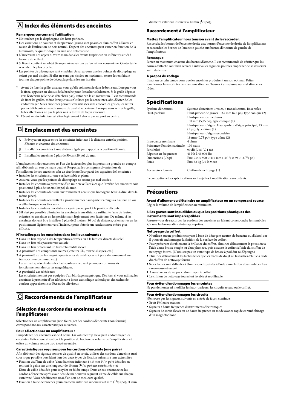 Index des éléments des enceintes, Emplacement des enceintes, Raccordements de l’amplificateur | Spécifications, Précautions, Raccordement à l’amplificateur | Sony SS-NA2ES User Manual | Page 5 / 8