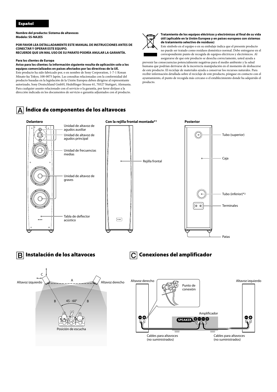 Índice de componentes de los altavoces, Instalación de los altavoces, Conexiones del amplificador | Sony SS-NA2ES User Manual | Page 6 / 8