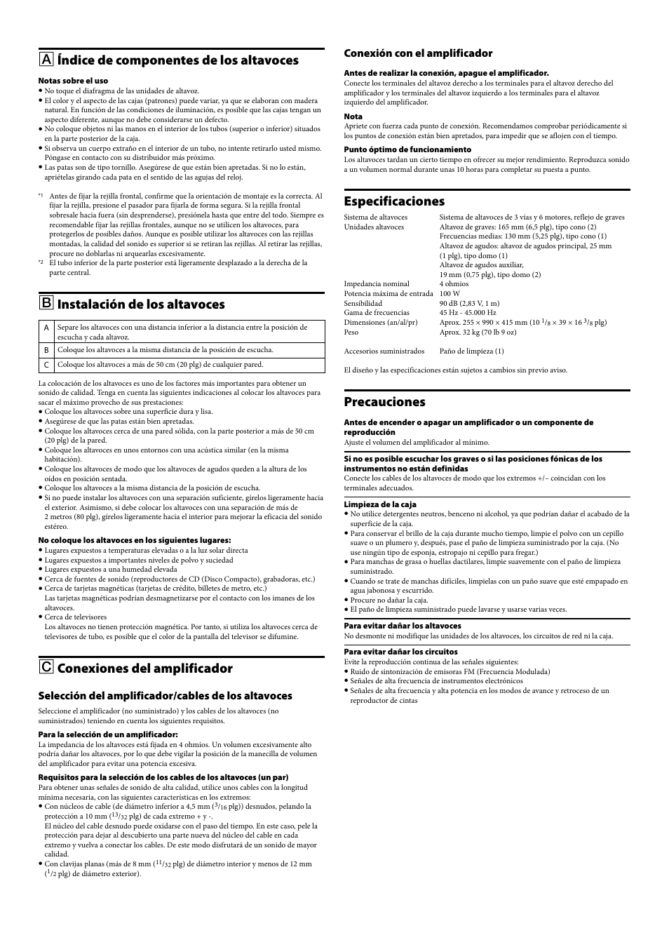 Índice de componentes de los altavoces, Instalación de los altavoces, Conexiones del amplificador | Especificaciones, Precauciones, Selección del amplificador/cables de los altavoces, Conexión con el amplificador | Sony SS-NA2ES User Manual | Page 7 / 8