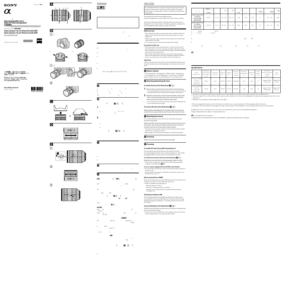 Sony SAL1635Z User Manual | 2 pages