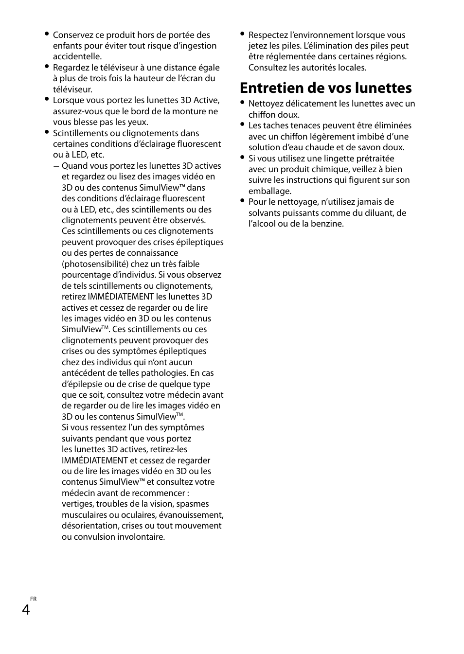 Entretien de vos lunettes | Sony TDG-BT400A User Manual | Page 10 / 60