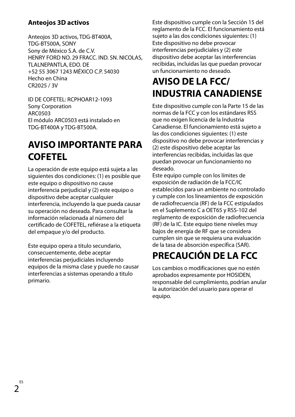 Aviso importante para cofetel, Aviso de la fcc/ industria canadiense, Precaución de la fcc | Sony TDG-BT400A User Manual | Page 14 / 60