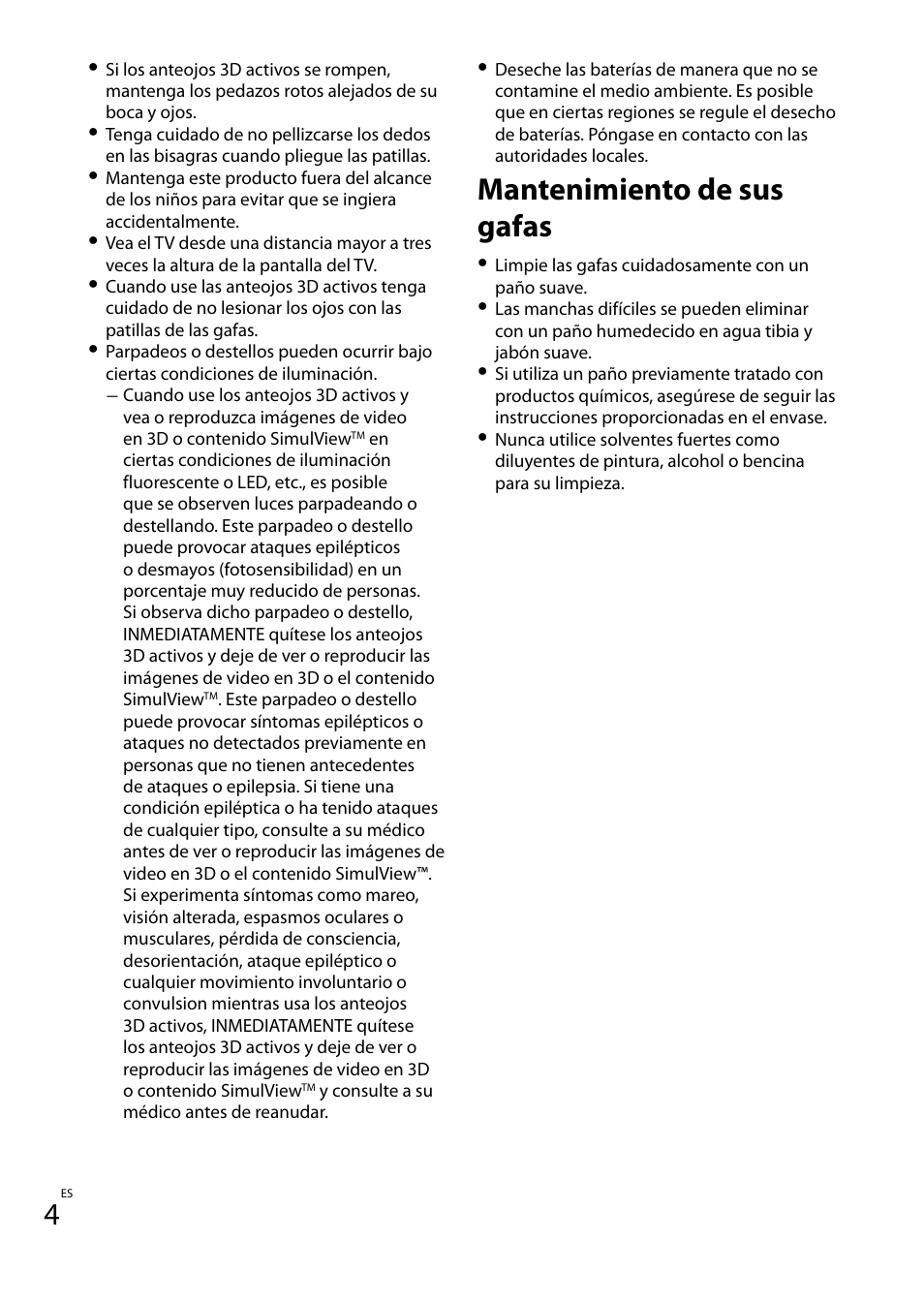 Mantenimiento de sus gafas | Sony TDG-BT400A User Manual | Page 16 / 60
