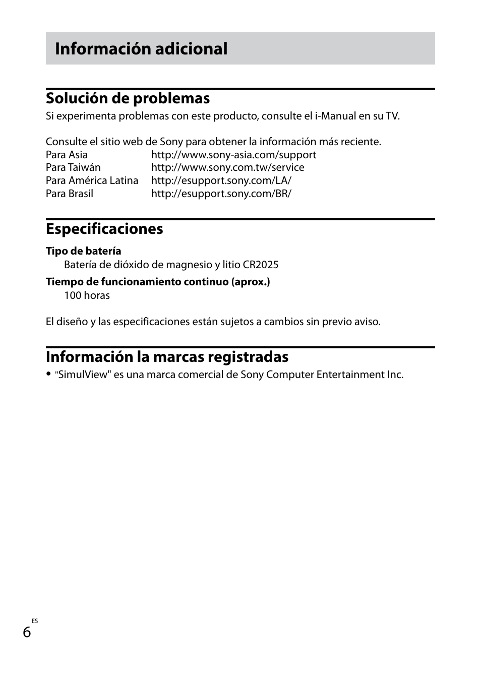 Información adicional, Solución de problemas, Especificaciones | Información la marcas registradas | Sony TDG-BT400A User Manual | Page 18 / 60