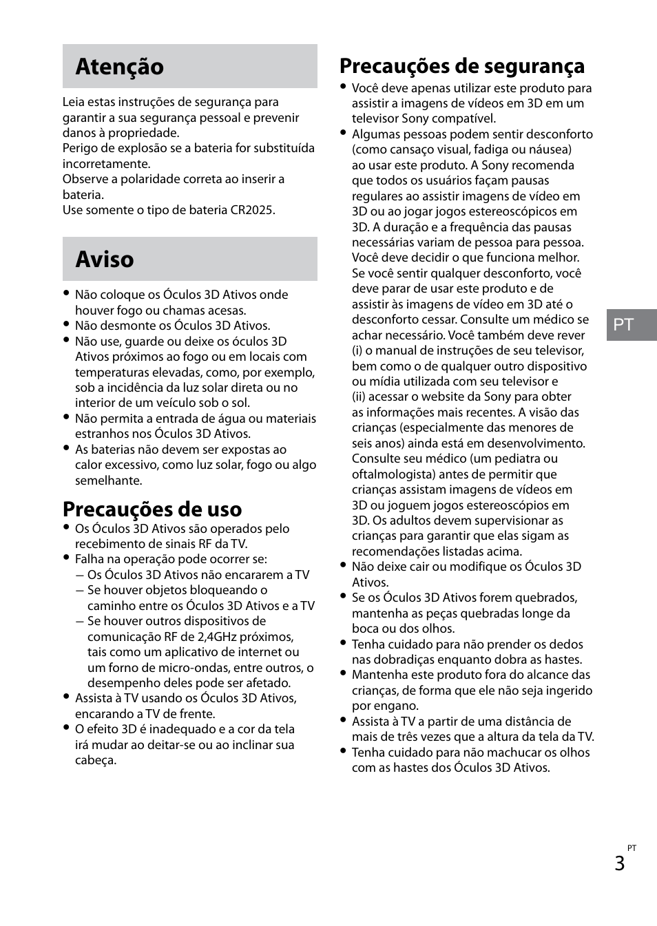 Atenção, Aviso, Precauções de uso | Precauções de segurança | Sony TDG-BT400A User Manual | Page 21 / 60