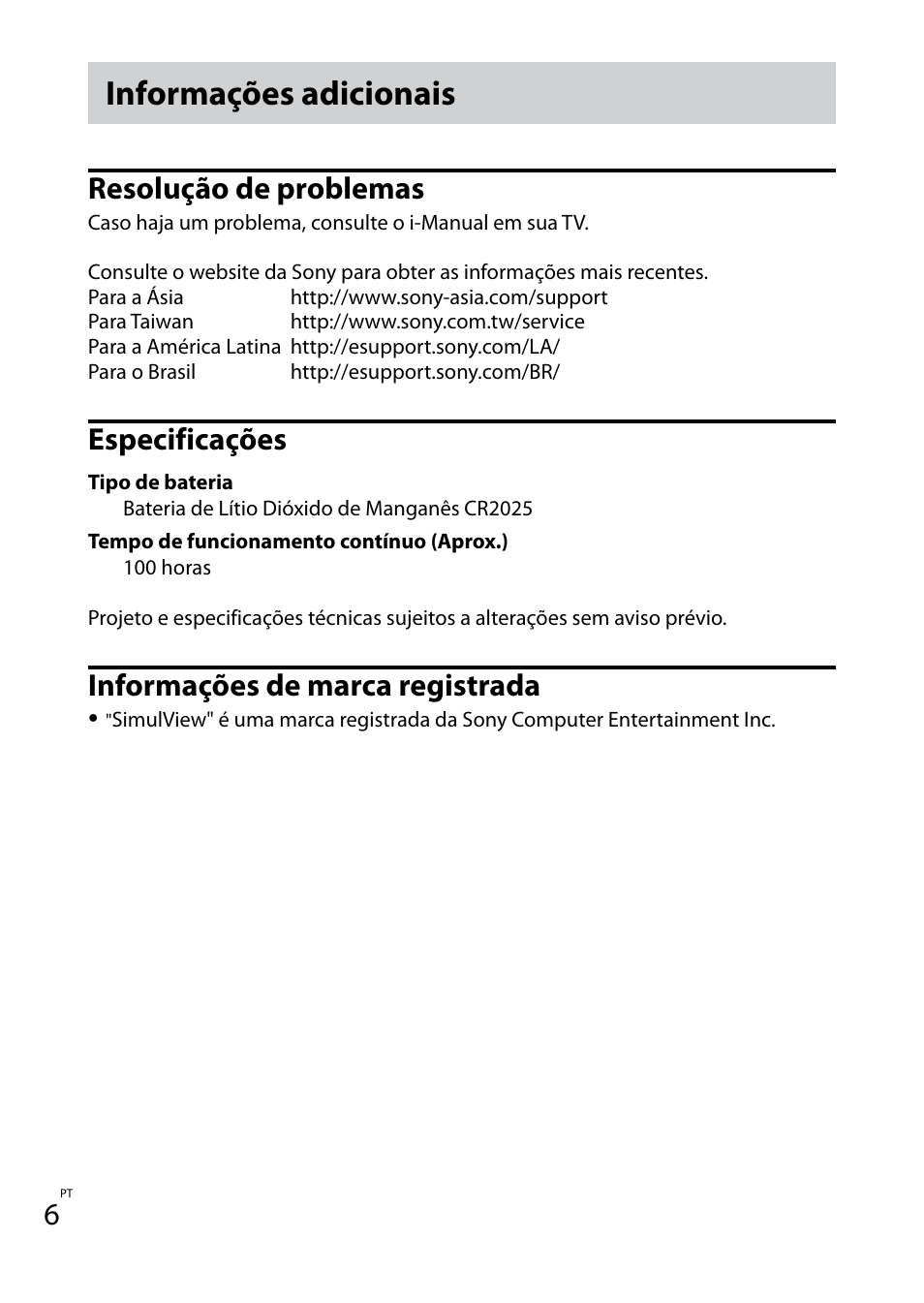 Informações adicionais, Resolução de problemas, Especificações | Informações de marca registrada | Sony TDG-BT400A User Manual | Page 24 / 60