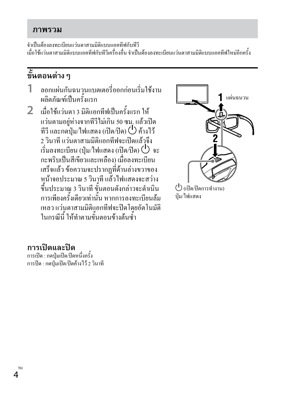 ภำพรวม, ขั้นตอนต่ำงๆ, กำรเปิดและปิด | Sony TDG-BT400A User Manual | Page 36 / 60