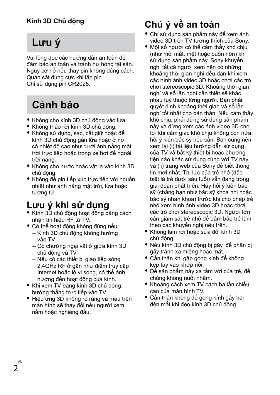 Lưu ý, Cảnh báo, Lưu ý khi sử dụng | Chъ э về an toàn | Sony TDG-BT400A User Manual | Page 38 / 60