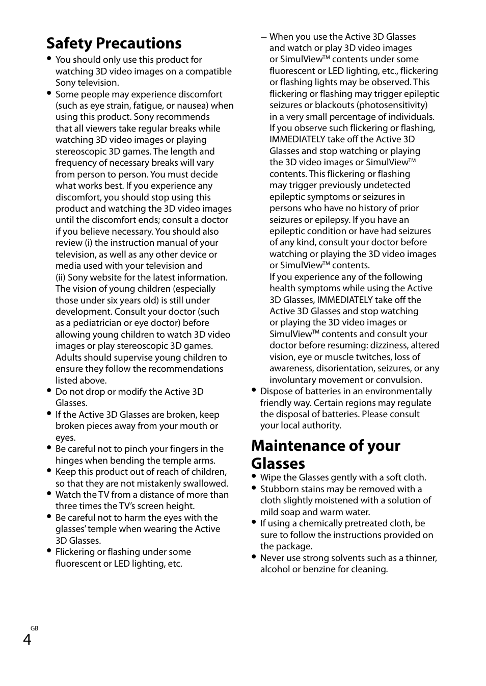 Safety precautions, Maintenance of your glasses | Sony TDG-BT400A User Manual | Page 4 / 60
