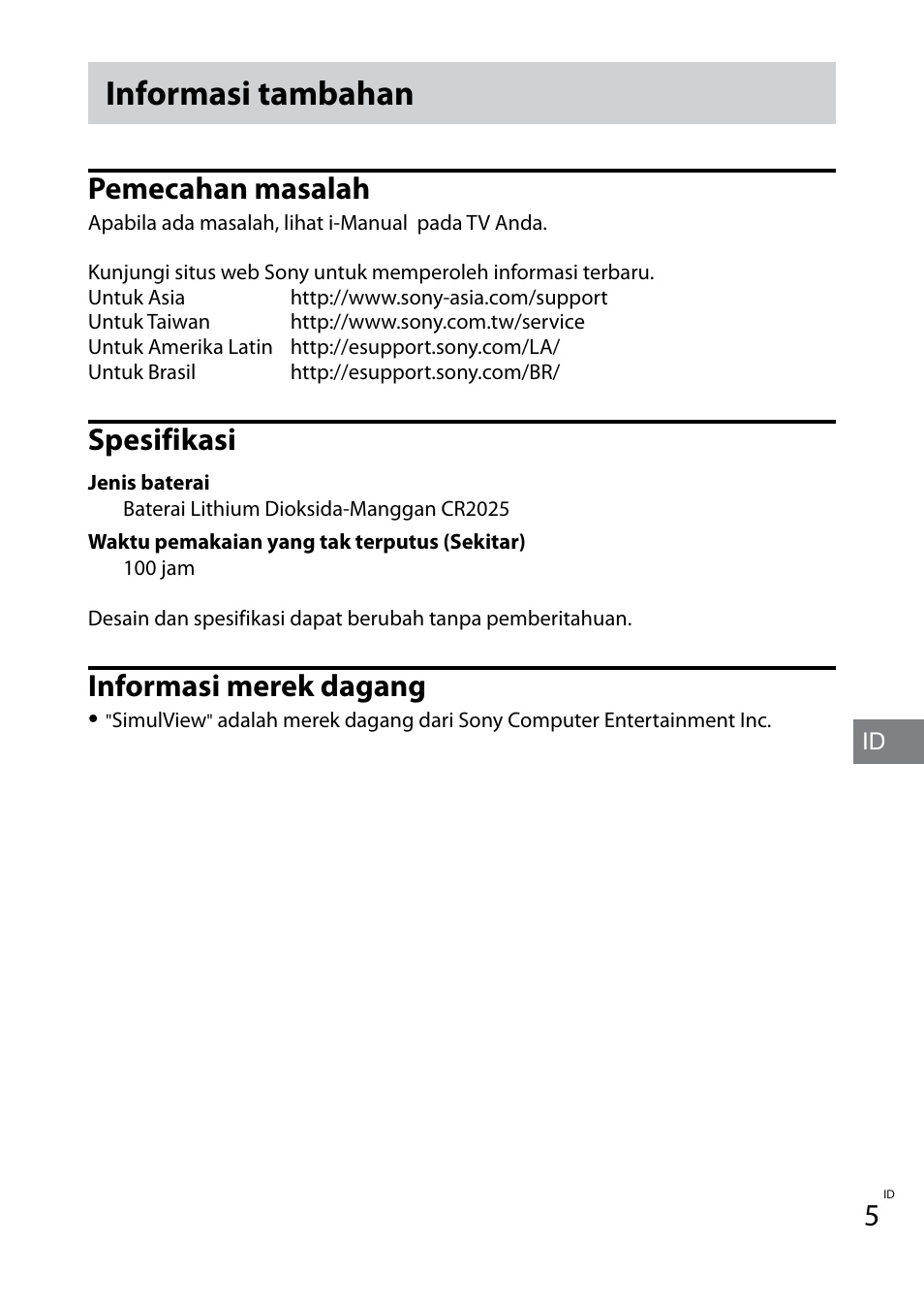 Informasi tambahan, Pemecahan masalah, Spesifikasi | Informasi merek dagang | Sony TDG-BT400A User Manual | Page 45 / 60