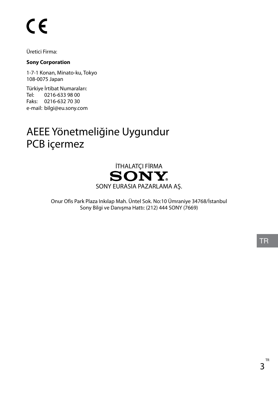 Aeee yönetmeliğine uygundur pcb içermez | Sony TDG-BT400A User Manual | Page 47 / 60
