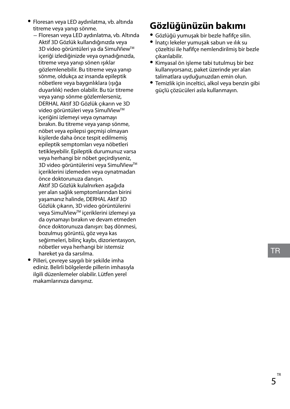 Gözlüğünüzün bakımı | Sony TDG-BT400A User Manual | Page 49 / 60