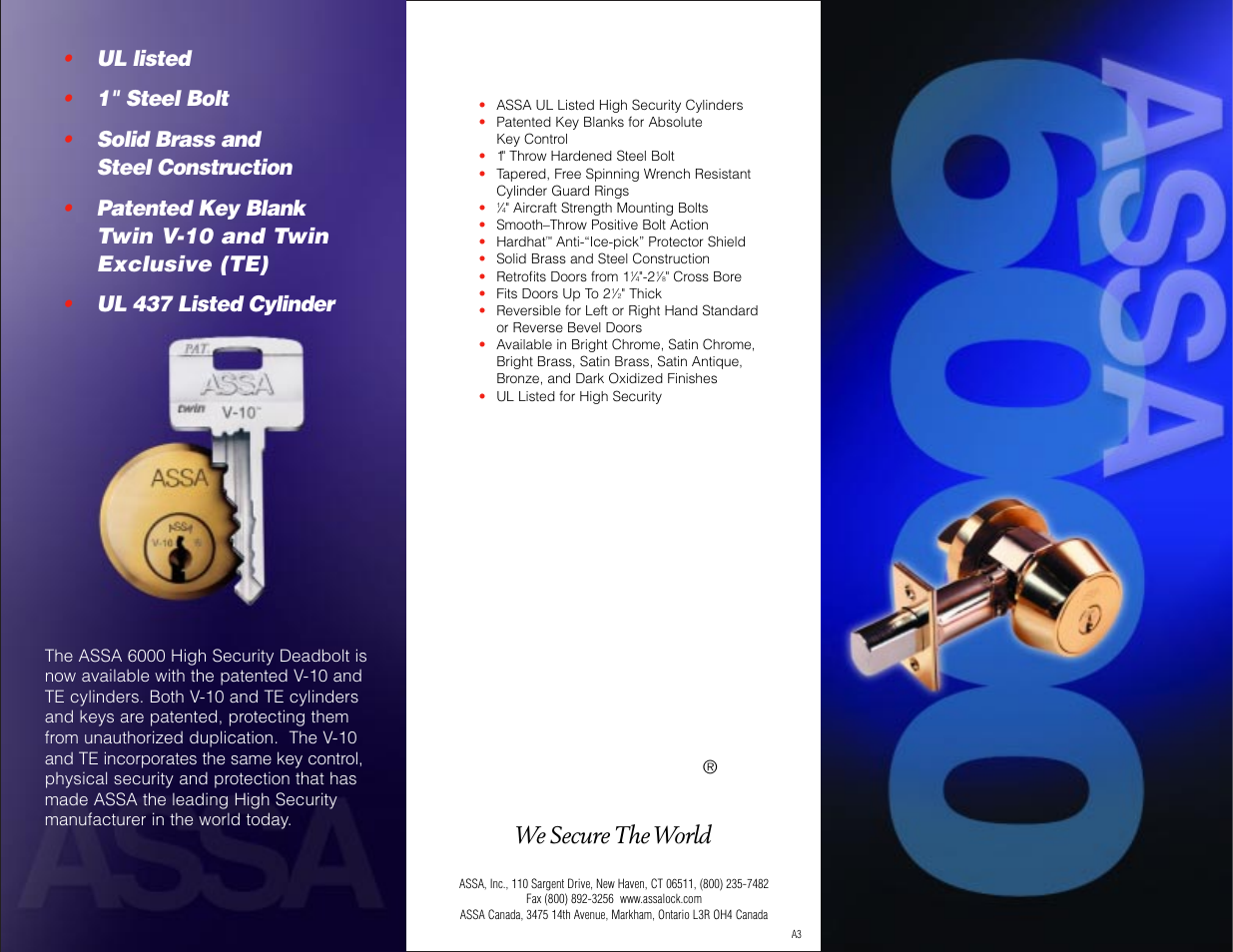 Assa High Security Deadbolt 6000 User Manual | 2 pages