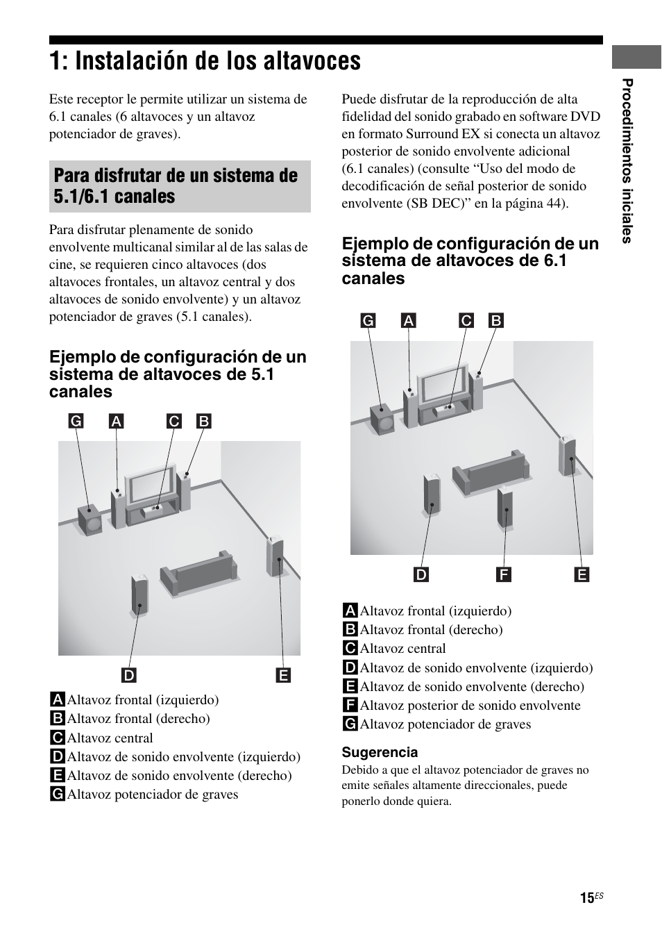 Instalación de los altavoces, Para disfrutar de un sistema de 5.1/6.1 canales | Sony STR-DG710 User Manual | Page 15 / 84