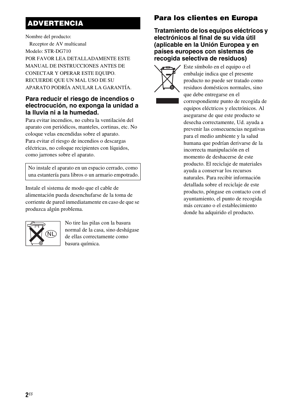Para los clientes en europa, Advertencia | Sony STR-DG710 User Manual | Page 2 / 84