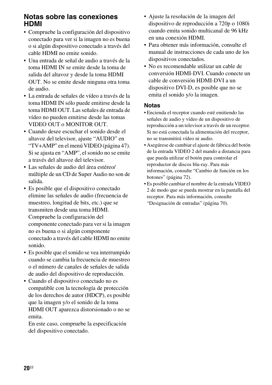 Notas sobre las conexiones hdmi | Sony STR-DG710 User Manual | Page 20 / 84