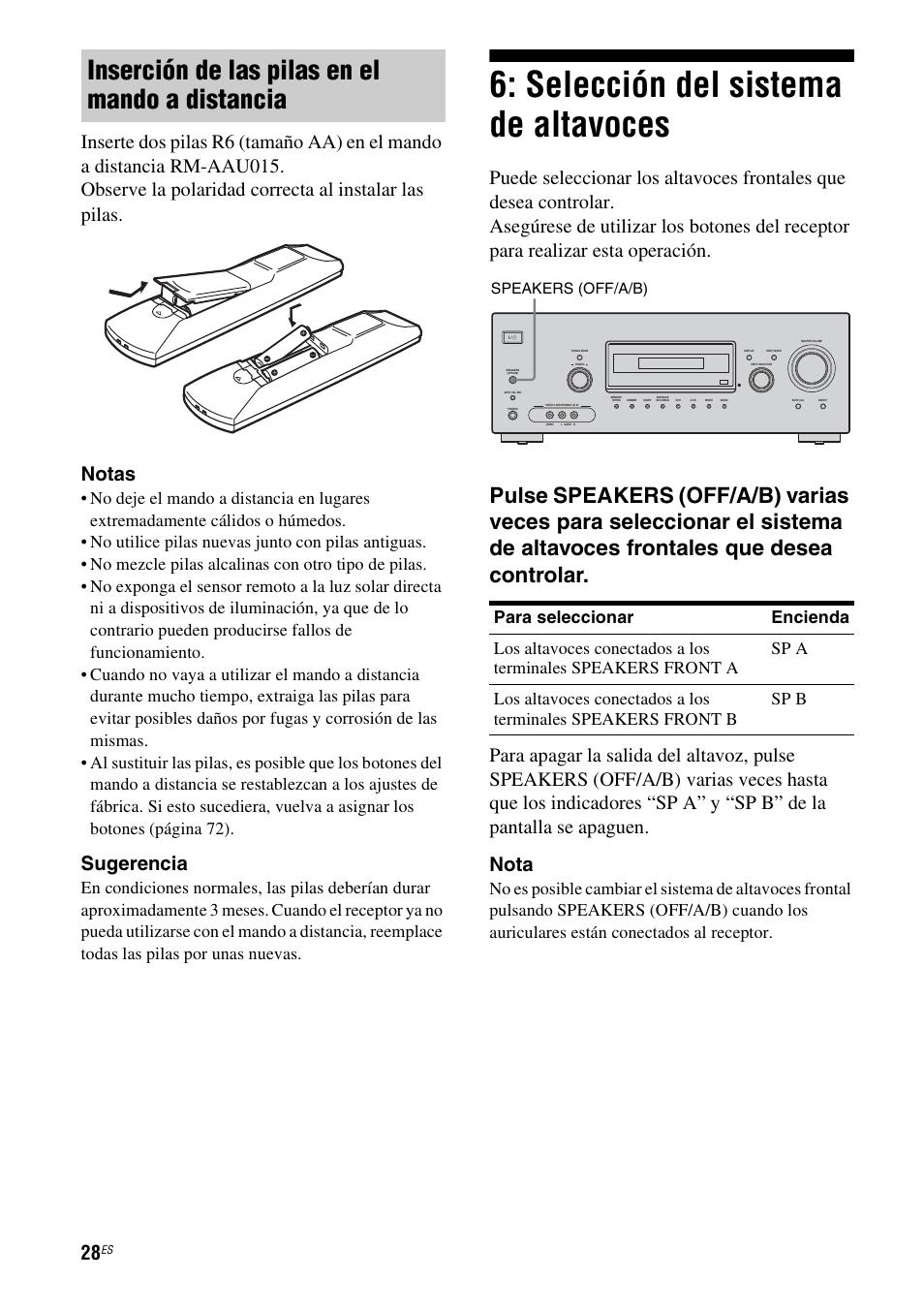Selección del sistema de altavoces, Inserción de las pilas en el mando a distancia, Sugerencia | Speakers (off/a/b) | Sony STR-DG710 User Manual | Page 28 / 84