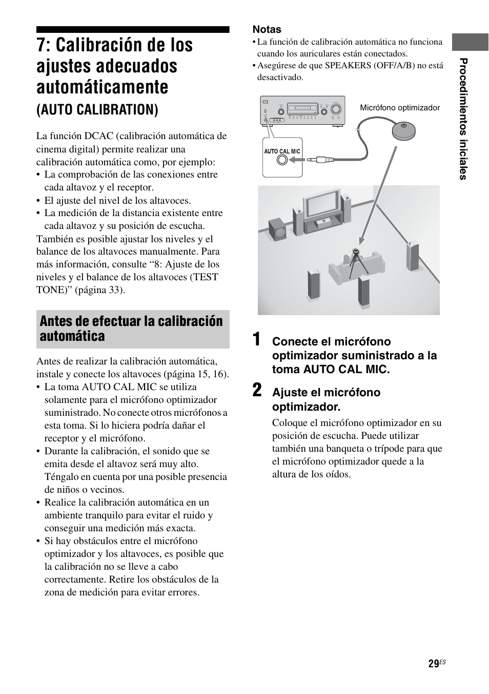 Calibración de los ajustes adecuados, Automáticamente, Auto calibration) | Antes de efectuar la calibración automática, Ajuste el micrófono optimizador | Sony STR-DG710 User Manual | Page 29 / 84