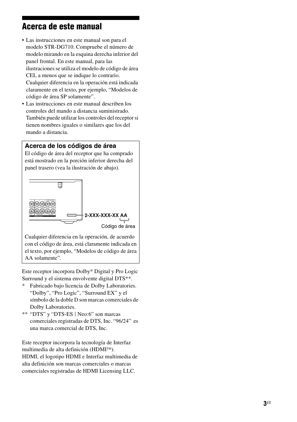 Acerca de este manual, Acerca de los códigos de área | Sony STR-DG710 User Manual | Page 3 / 84