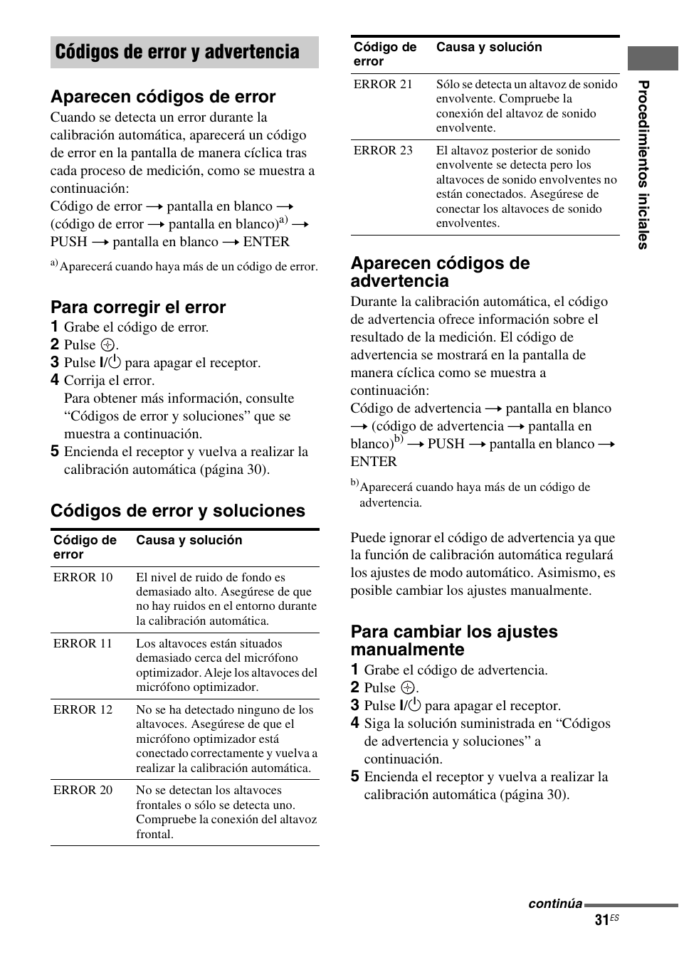 Códigos de error y advertencia, Aparecen códigos de error, Para corregir el error | Para cambiar los ajustes manualmente | Sony STR-DG710 User Manual | Page 31 / 84