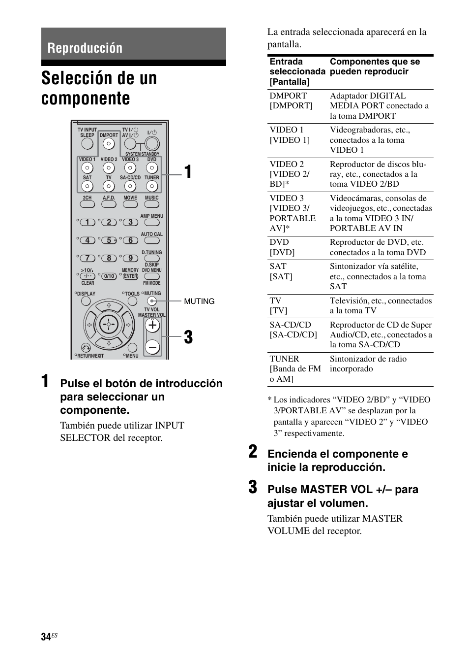 Reproducción, Selección de un componente, A 34 | Selección de un componente 1, Encienda el componente e inicie la reproducción, Pulse master vol +/– para ajustar el volumen, También puede utilizar master volume del receptor | Sony STR-DG710 User Manual | Page 34 / 84