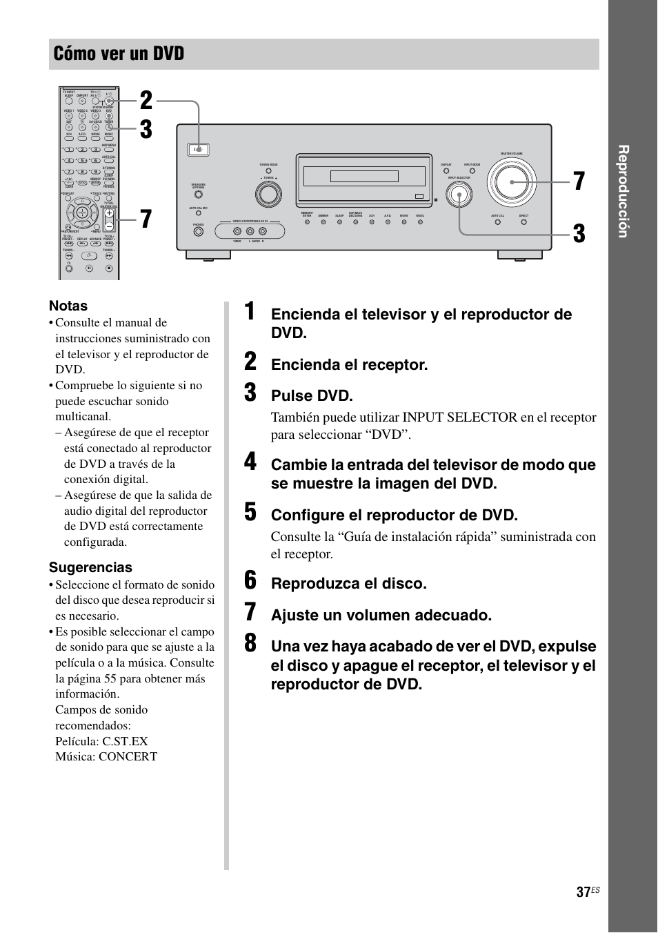 Cómo ver un dvd, Encienda el televisor y el reproductor de dvd, Encienda el receptor | Pulse dvd, Configure el reproductor de dvd, Reproduzca el disco, Ajuste un volumen adecuado, Rep rod ucci ón, Notas, Sugerencias | Sony STR-DG710 User Manual | Page 37 / 84