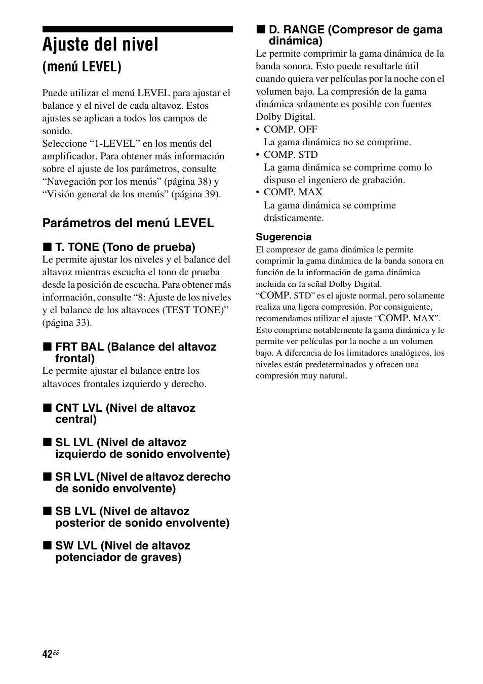 Ajuste del nivel (menú level), Ajuste del nivel, Menú level) | Sony STR-DG710 User Manual | Page 42 / 84