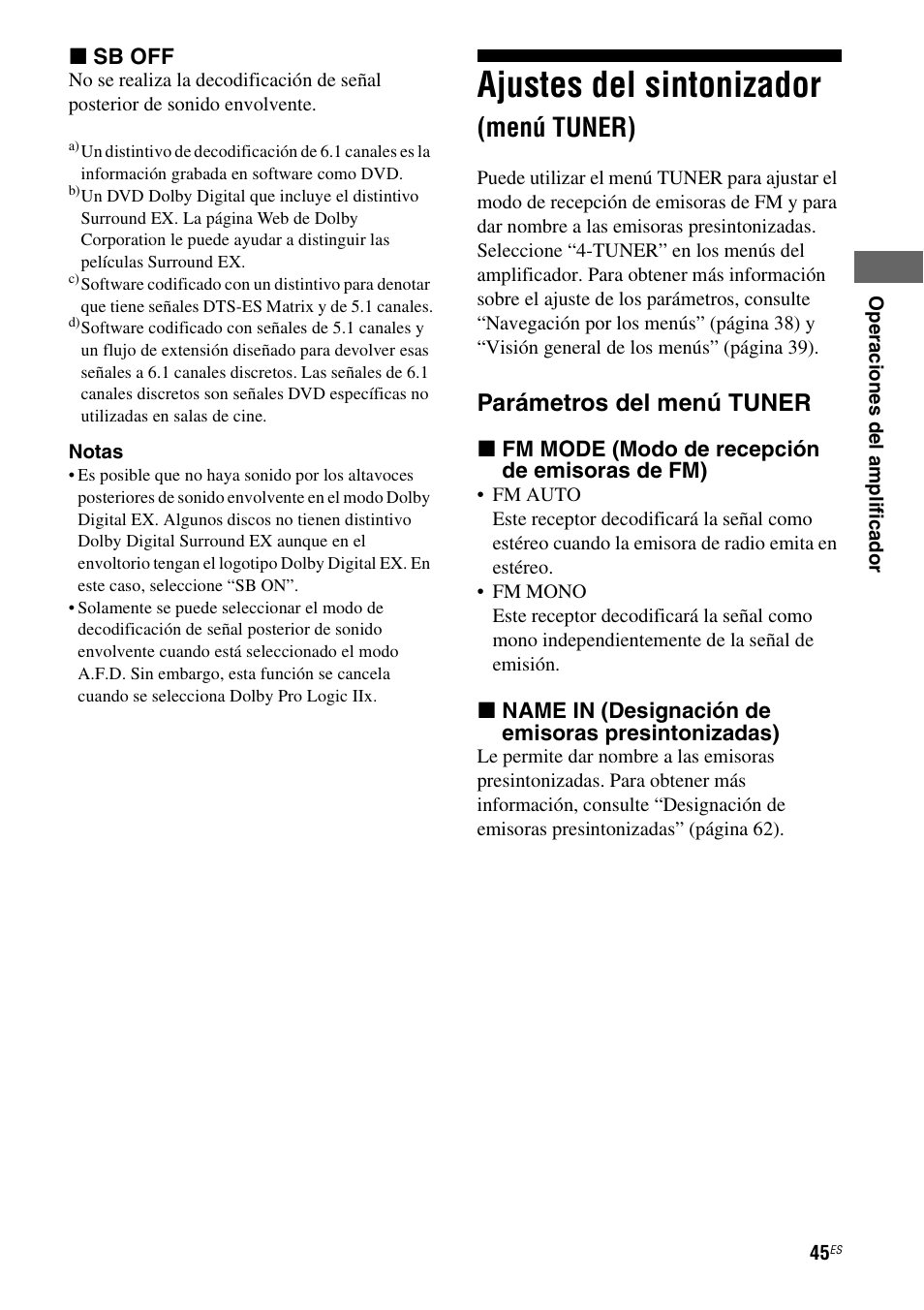 Ajustes del sintonizador (menú tuner), Ajustes del sintonizador, Menú tuner) | Parámetros del menú tuner | Sony STR-DG710 User Manual | Page 45 / 84