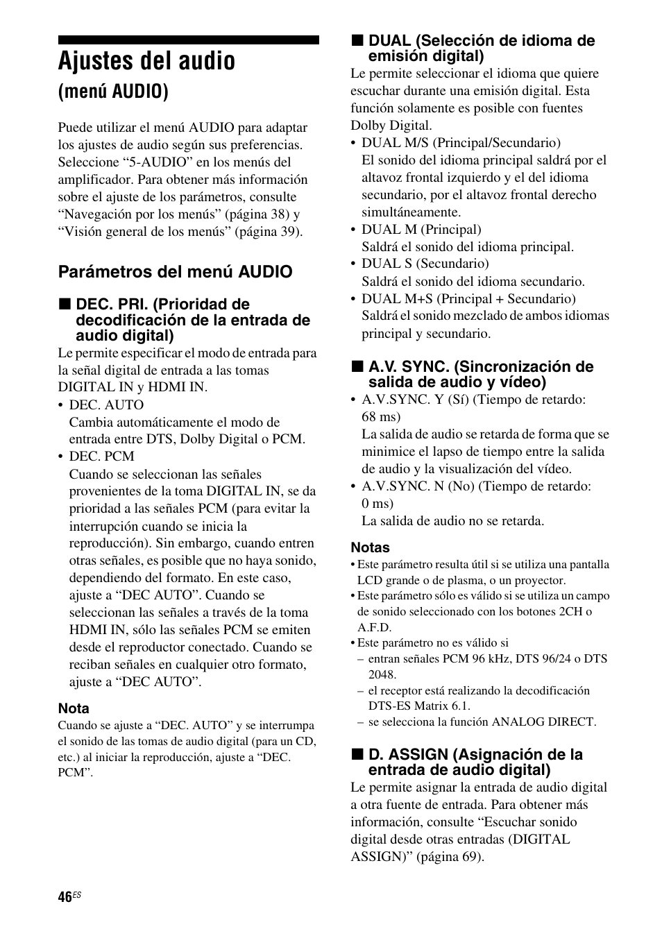 Ajustes del audio (menú audio), Ajustes del audio, Menú audio) | Parámetros del menú audio | Sony STR-DG710 User Manual | Page 46 / 84