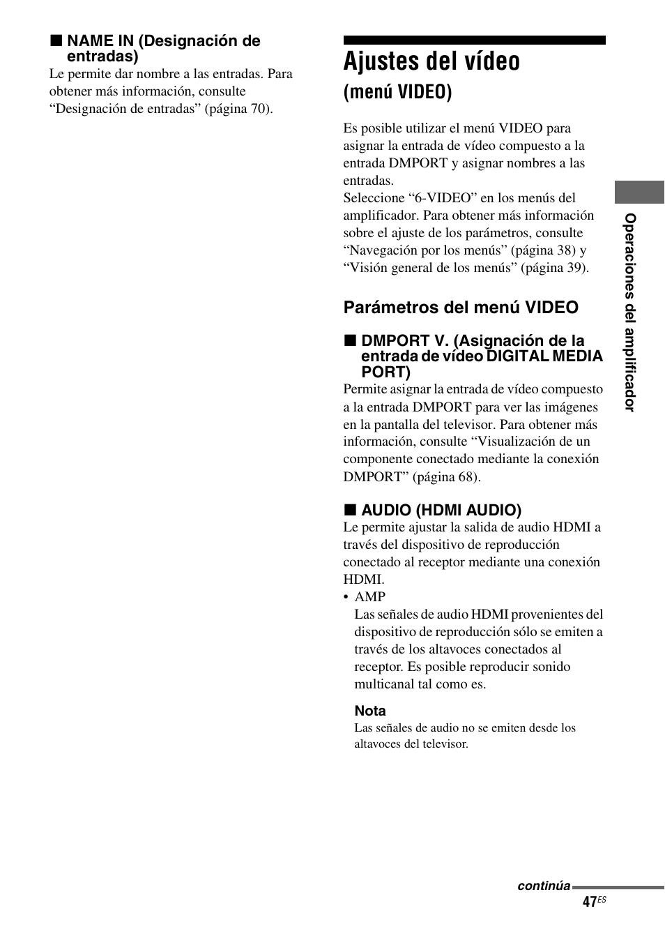 Ajustes del vídeo (menú video), Ajustes del vídeo, Menú video) | Sony STR-DG710 User Manual | Page 47 / 84