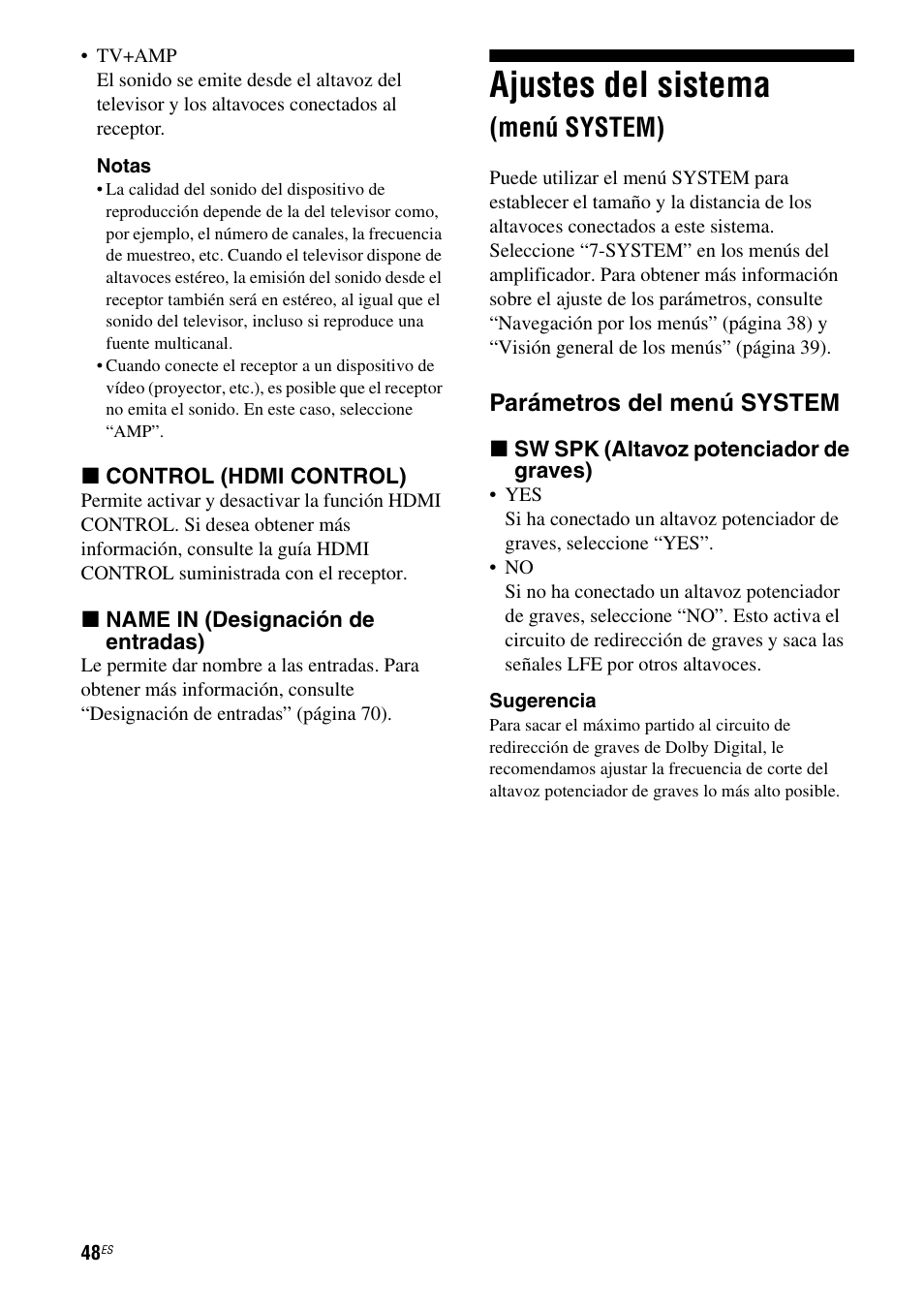 Ajustes del sistema (menú system), Ajustes del sistema, Menú system) | Sony STR-DG710 User Manual | Page 48 / 84