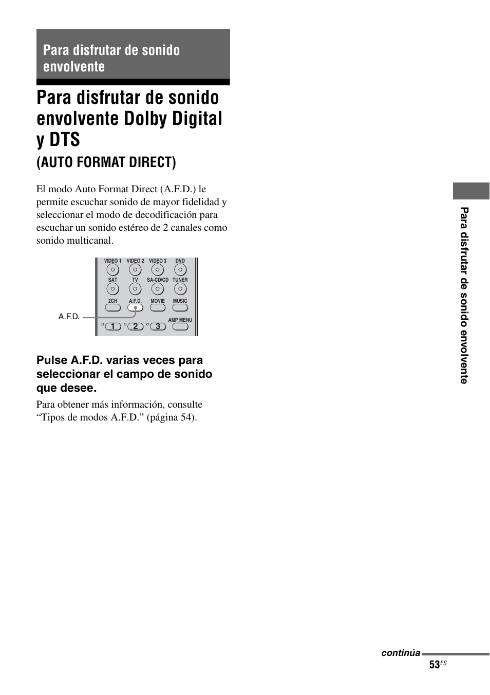 Para disfrutar de sonido envolvente, Para disfrutar de sonido envolvente dolby, Digital y dts | Auto format direct) | Sony STR-DG710 User Manual | Page 53 / 84