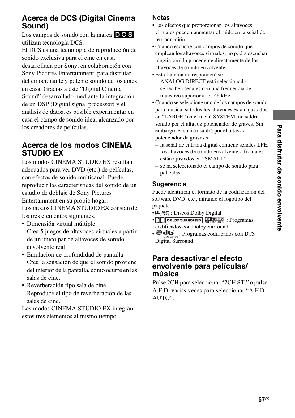 Acerca de dcs (digital cinema sound), Acerca de los modos cinema studio ex | Sony STR-DG710 User Manual | Page 57 / 84