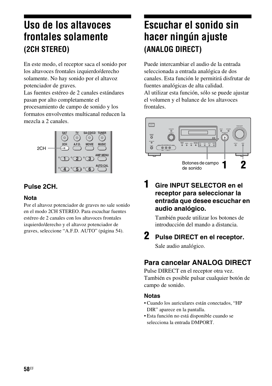 Uso de los altavoces frontales solamente, 2ch stereo), Escuchar el sonido sin hacer ningún ajuste | Analog direct), Para cancelar analog direct, Pulse 2ch, Pulse direct en el receptor, Nota, Sale audio analógico | Sony STR-DG710 User Manual | Page 58 / 84