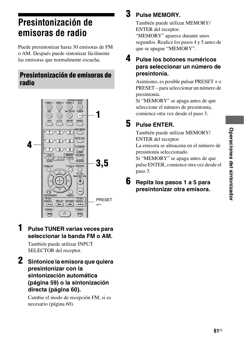 Presintonización de emisoras de radio, Pulse enter, Op er a c ion es del sinto n iz ador | También puede utilizar input selector del receptor | Sony STR-DG710 User Manual | Page 61 / 84
