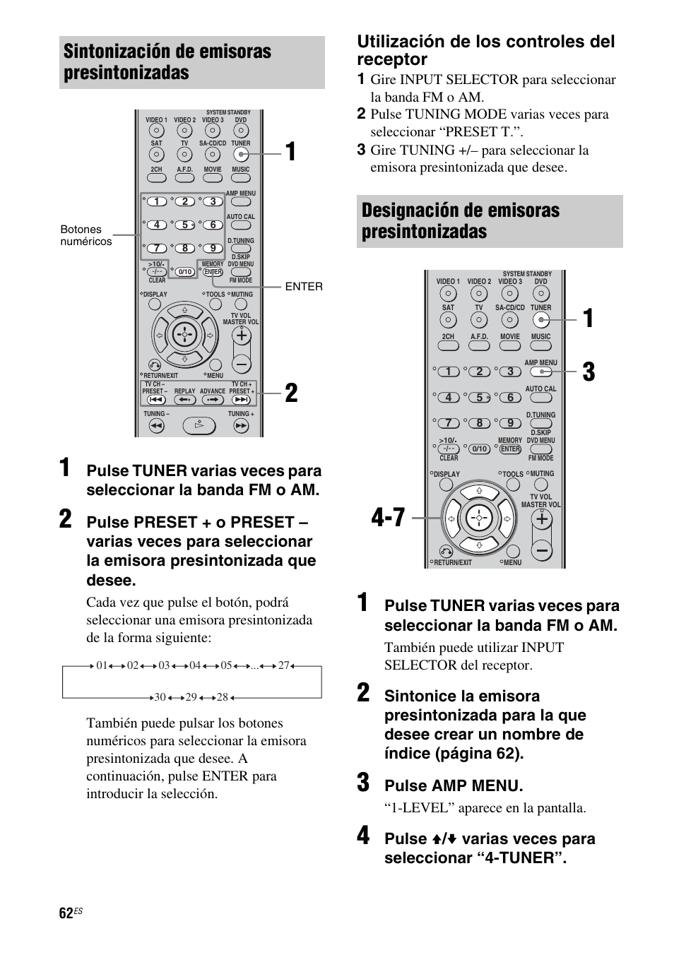 Sintonización de emisoras presintonizadas, Designación de emisoras presintonizadas, Utilización de los controles del receptor | Pulse amp menu, Pulse v / v varias veces para seleccionar “4-tuner, También puede utilizar input selector del receptor, Level” aparece en la pantalla | Sony STR-DG710 User Manual | Page 62 / 84