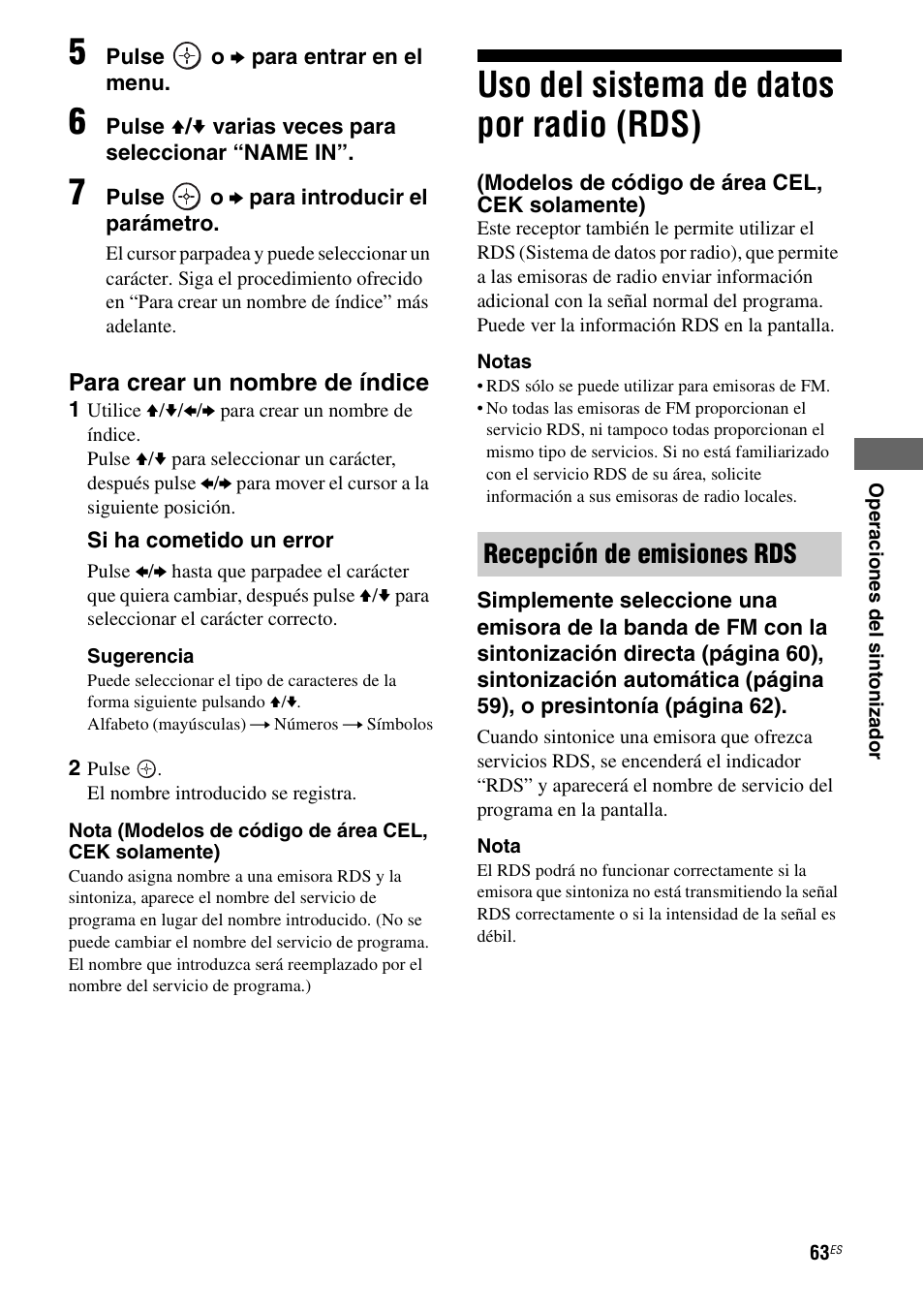 Uso del sistema de datos por radio (rds), Uso del sistema de datos por radio, Rds) (modelos de código de área cel, cek | Solamente), Recepción de emisiones rds | Sony STR-DG710 User Manual | Page 63 / 84