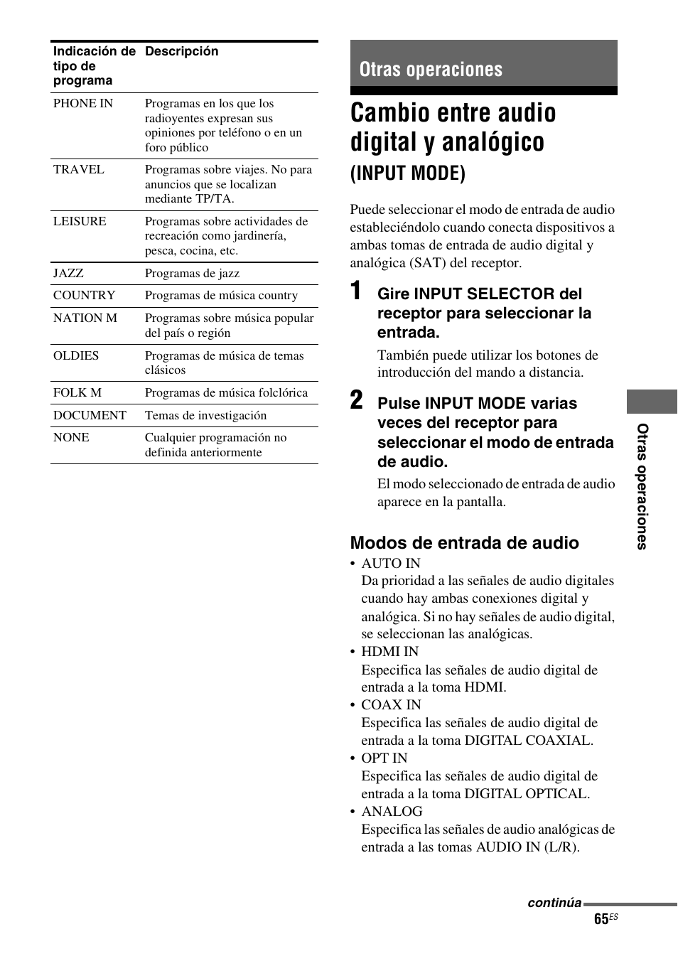 Otras operaciones, Cambio entre audio digital y analógico, Input mode) | Sony STR-DG710 User Manual | Page 65 / 84