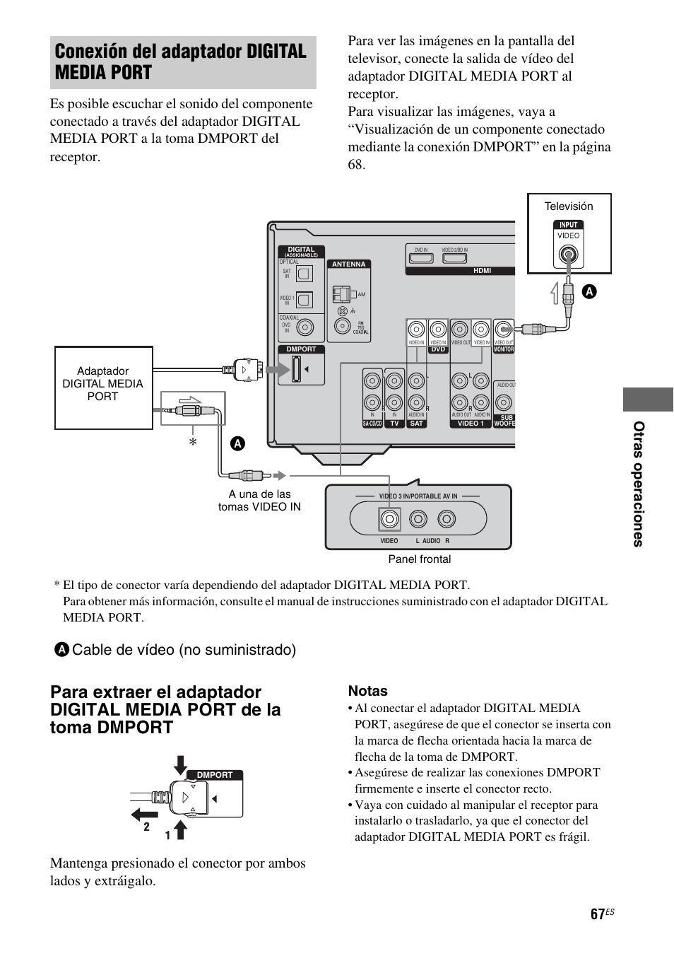 Conexión del adaptador digital media port, Acable de vídeo (no suministrado) | Sony STR-DG710 User Manual | Page 67 / 84