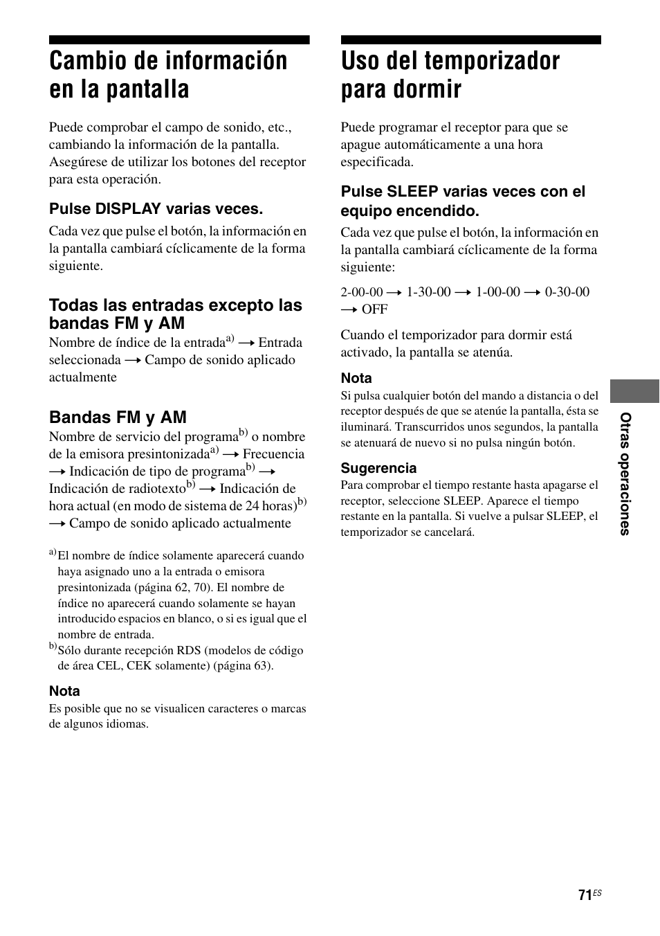 Cambio de información en la pantalla, Uso del temporizador para dormir, Todas las entradas excepto las bandas fm y am | Bandas fm y am | Sony STR-DG710 User Manual | Page 71 / 84