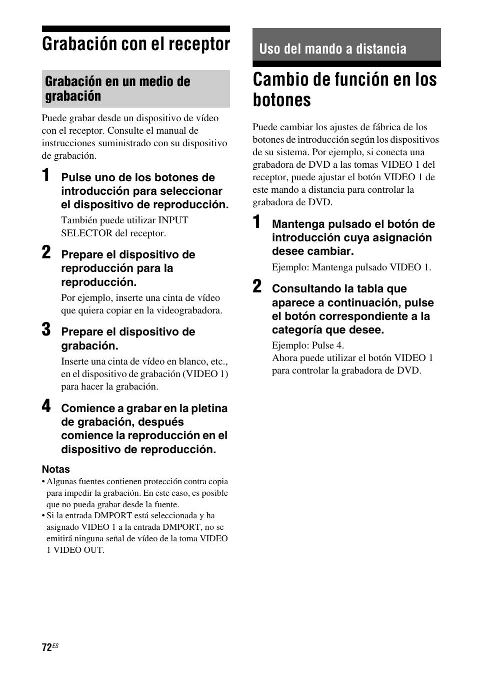 Grabación con el receptor, Uso del mando a distancia, Cambio de función en los botones | Sony STR-DG710 User Manual | Page 72 / 84