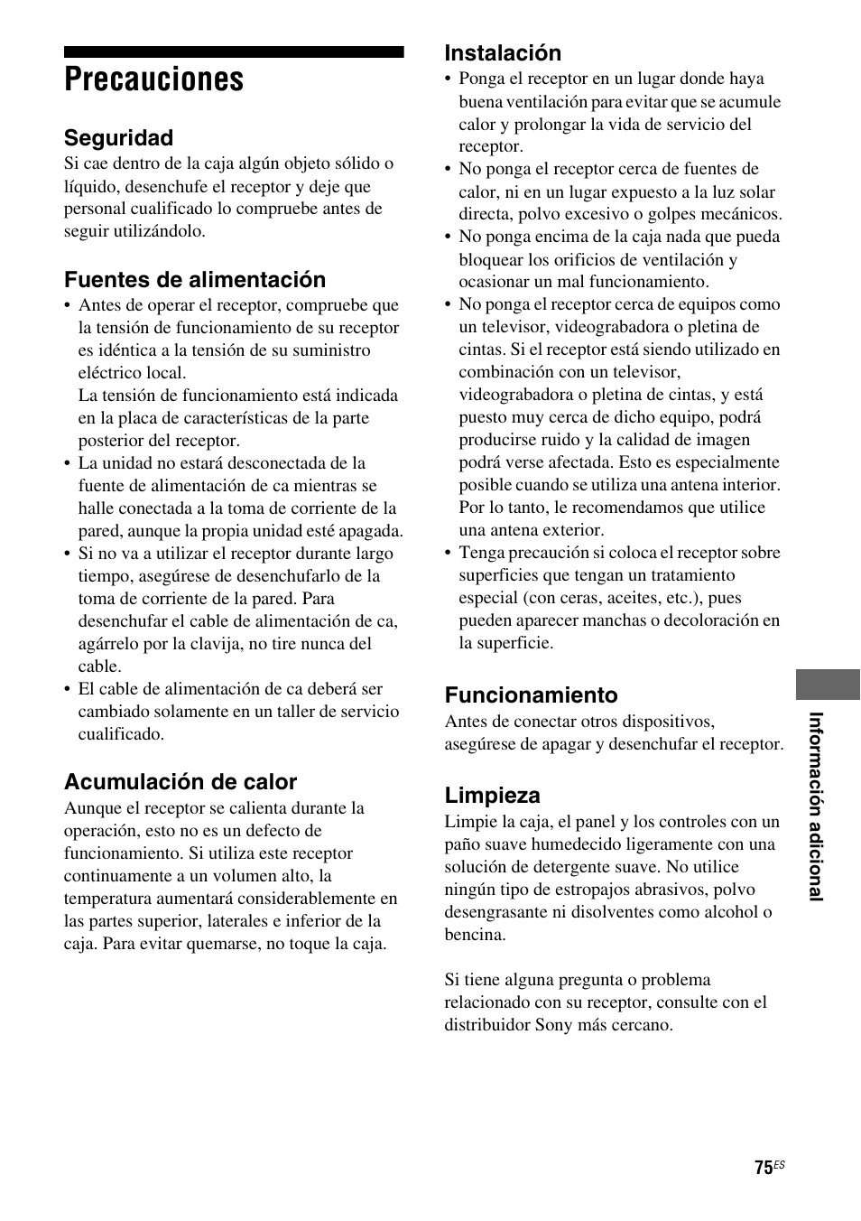 Precauciones | Sony STR-DG710 User Manual | Page 75 / 84