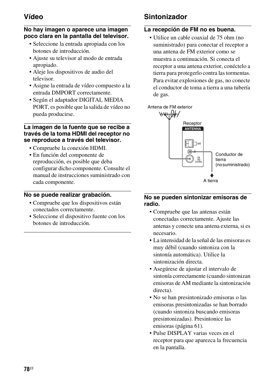Vídeo, Sintonizador | Sony STR-DG710 User Manual | Page 78 / 84