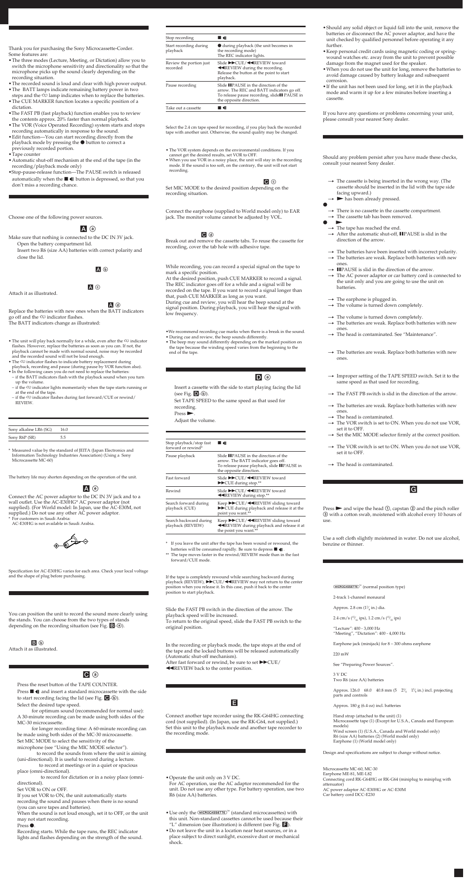 Welcome, Preparing power sources, How to use the stands | Recording, Playing a tape, Dubbing onto another tape recorder, Precautions, Troubleshooting, Maintenance, Specifications | Sony M-100MC User Manual | Page 2 / 3