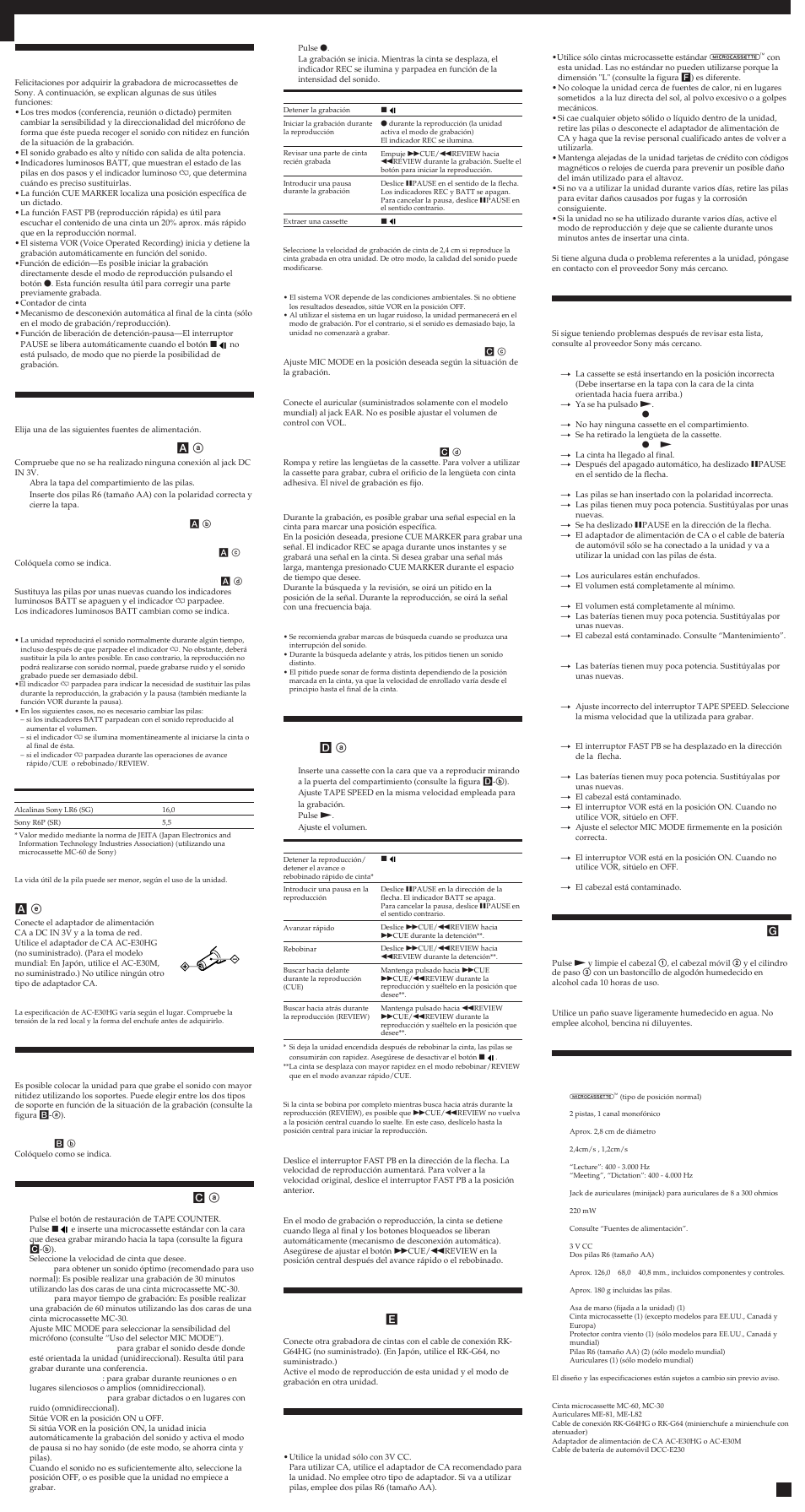 Bienvenido, Fuentes de alimentación, Cómo emplear los soportes | Grabación, Reproducción de cintas, Copia en otra grabadora de cintas, Precauciones, Solución de problemas, Mantenimiento, Especificaciones | Sony M-100MC User Manual | Page 3 / 3