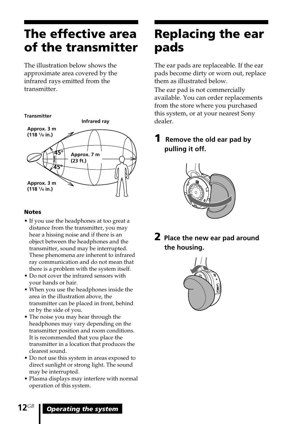 The effective area of the transmitter, Replacing the ear pads, The effective area of the | Transmitter | Sony MDR-IF140K User Manual | Page 12 / 44