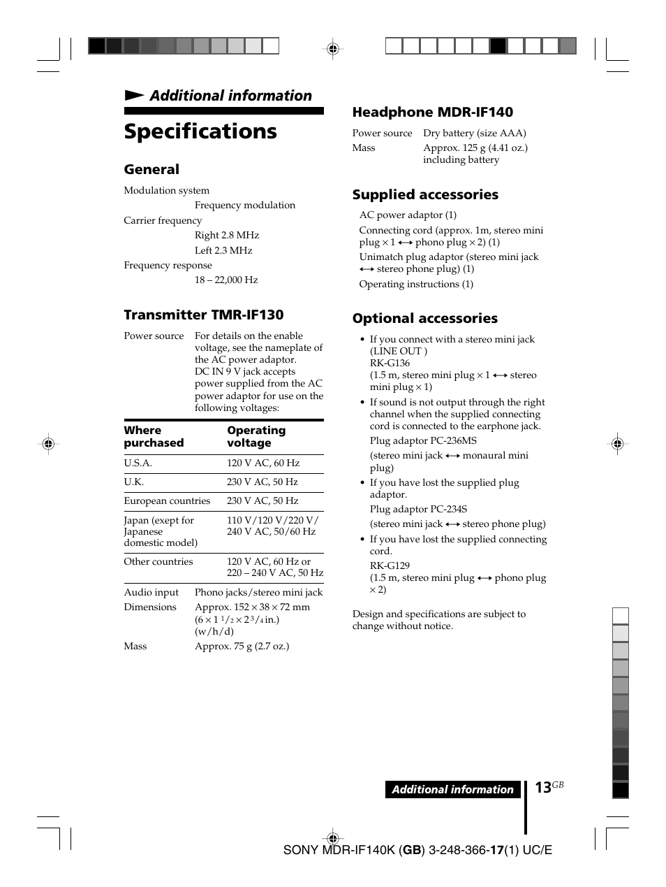 Additional information, Specifications, N additional information | General, Transmitter tmr-if130, Headphone mdr-if140, Supplied accessories, Optional accessories | Sony MDR-IF140K User Manual | Page 13 / 44