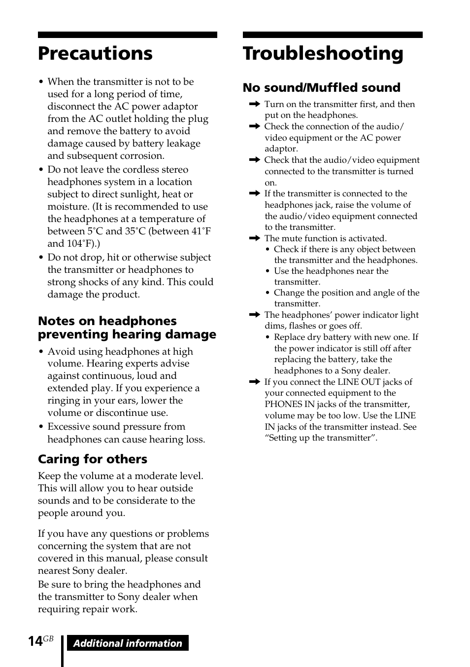 Precautions, Troubleshooting, Precautions troubleshooting | No sound/muffled sound, Caring for others | Sony MDR-IF140K User Manual | Page 14 / 44